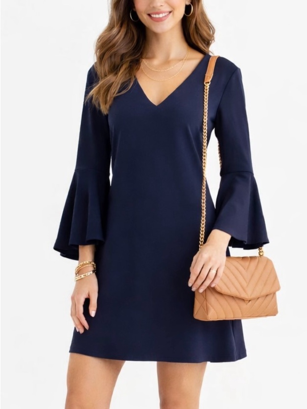 Ralph Lauren Deep Blue V-Neck Dress • Size 14 Petite • BRAND NEW WITH TAGS